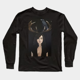 Beautiful woman finding comfort in darkness, in solitude, raven spirit animal Long Sleeve T-Shirt